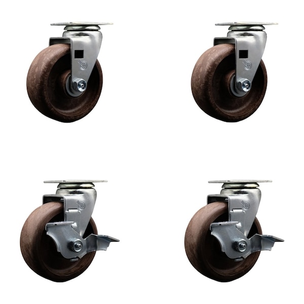 5'' High Temp Glass Filled Nylon Swivel Caster Set w/Bronze Bearings 2 Brakes, 4PK